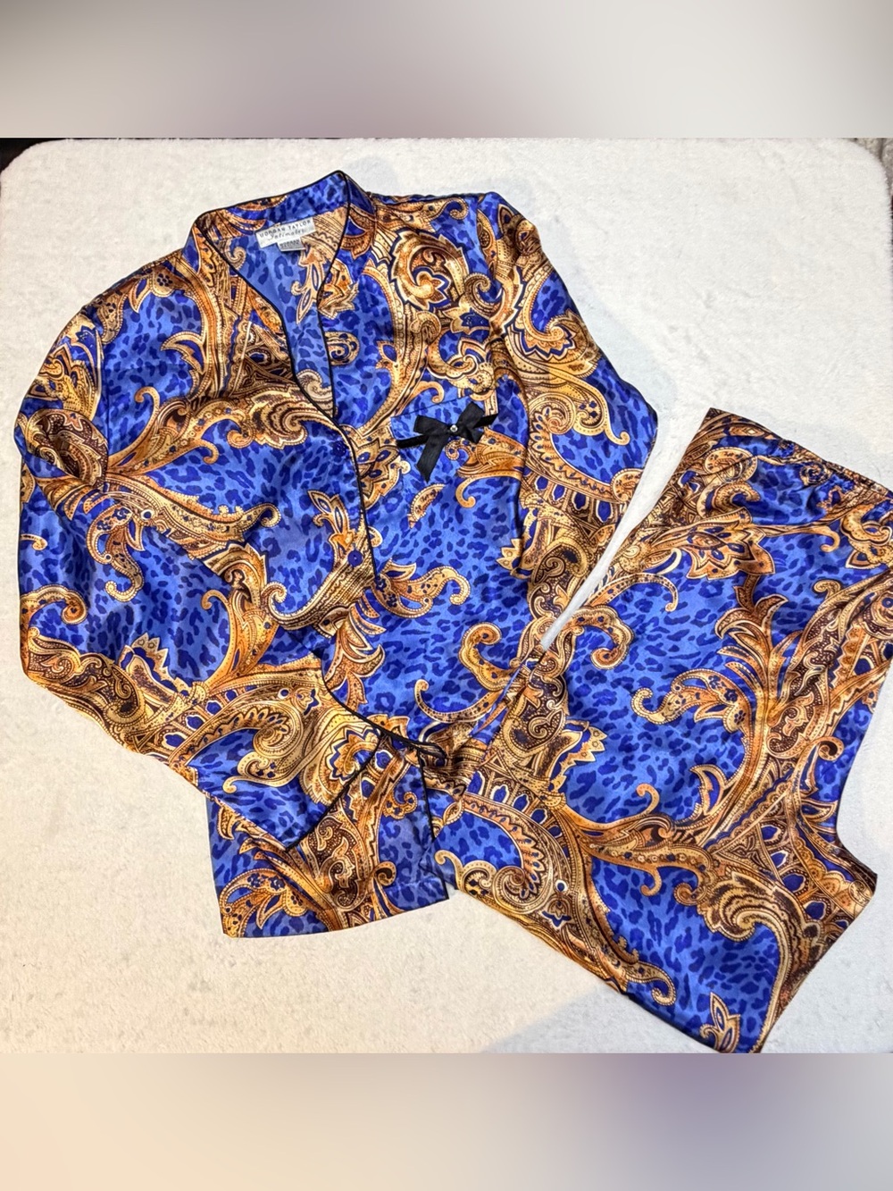 Morgan Taylor Royal Blue & Gold Baroque Satin Pajama Set